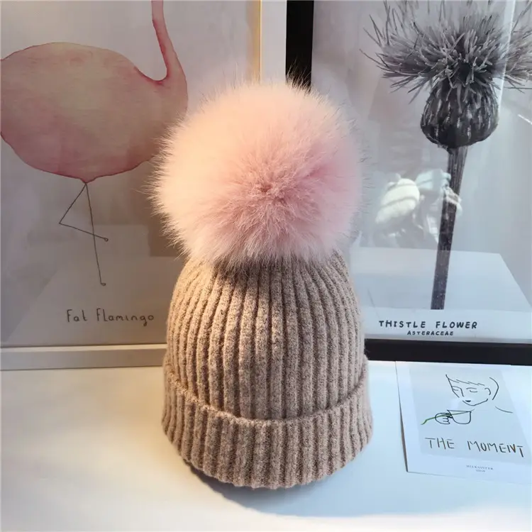 Benutzer definierte Wolle Pelz Pom Pom Hüte Kabel Strick Luxus Designer Winter Hüte für Frau