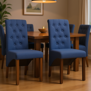 Sedie da Pranzo in Tessuto Blu con Schienale Trapuntato e Gambe in Legno, Design Contemporaneo per Arredamento Casa - Product Image 2
