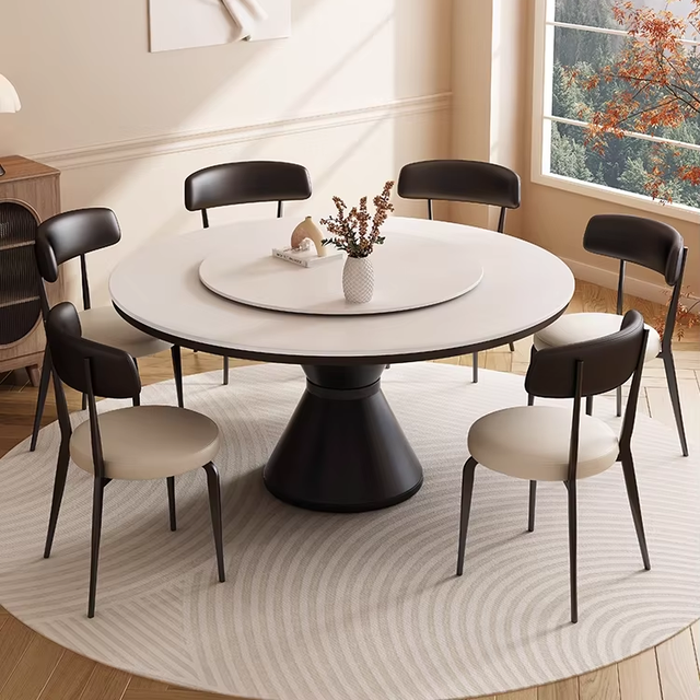 Round Sintered Stone Top Dining Table With 360° Circular Rotating Lazy Susan for 4-8 people