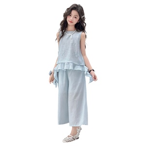 Ensemble élégant brodé sans manches avec pantalon large pour <span class=keywords><strong>grande</strong></span> fille – <span class=keywords><strong>Tenue</strong></span> décontractée estivale pour l'école et le quotidien - Product Image 3