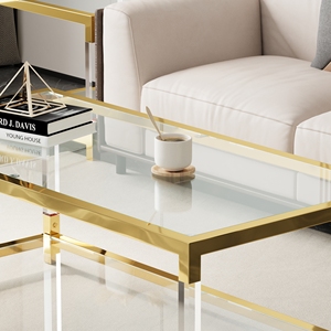 Modern Acrylic <b>Leg</b> <b>Coffee</b> <b>Table</b> Double Layer Tempered Glass Top Golden Metal Frame 47.2x23.6x17.7 Inch Living Room - Product Image 4