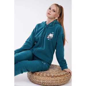 Women's Long-Sleeve <b>Fleece</b> Hooded <b>Pajama</b> Set Zip-Up with Dropped-Shoulder Cuffs and Pockets Sleepwear - Product Image 5