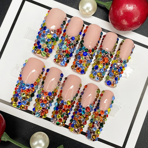 Ongles press-on longs carrés faits main, décoration de luxe exquise, 10 pièces, design unique et glamour, faux ongles en forme de cercueil, manucure artificielle manuelle - Product Image 4