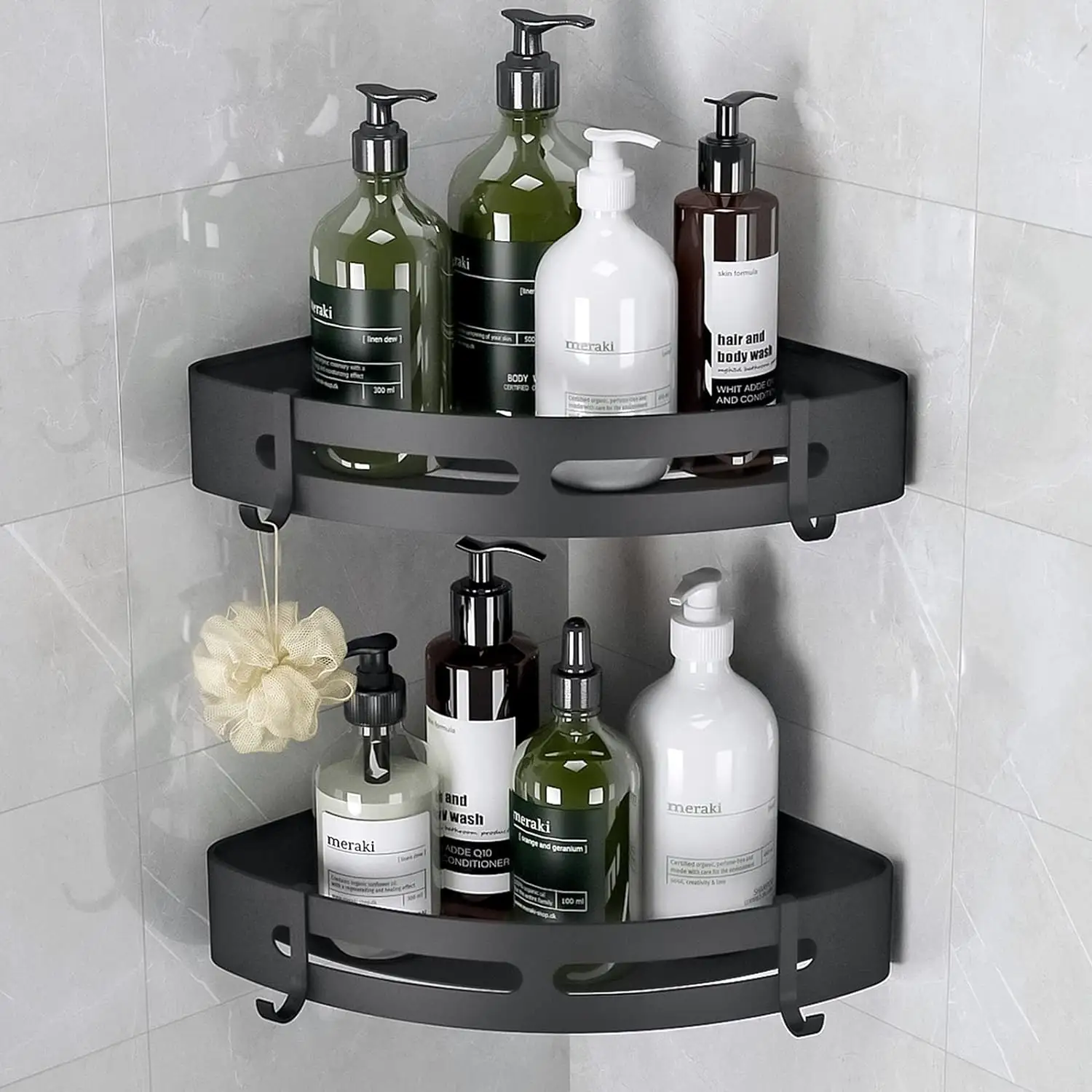 OEM Coin Douche Caddy Salle De Bains Douche Coin Étagères En Acier Inoxydable 304 Bain Stockage Douche Organisateurs En Métal Noir