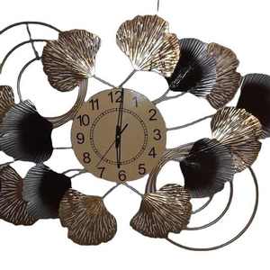 Horloge murale décorative élégante pour la maison chambre à coucher bureau art mural noir or finition Design moderne métal fleur feuille horloge murale - Product Image 1