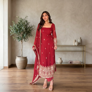 Lanzamiento del nuevo conjunto de fiesta de diseñador con top y pantalón de georgette sintético pesado con intrincados detalles de hilo y lentejuelas, y dupatta. - Product Image 1