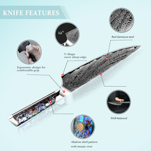 Bộ dao bếp Nhật Bản Grandsharp Damascus AUS10 gồm dao đầu bếp, dao Kiritsuke, dao đa năng, dao chặt xương, dao gọt hoa quả, dao cắt thịt, cán bằng vỏ bào ngư - Product Image 3