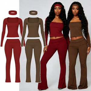 Ensemble décontracté deux pièces de qualité supérieure pour femme : T-shirt à col en U, pantalon évasé à revers et bandeau – Vêtements doux pour l'automne et le streetwear - Product Image 2