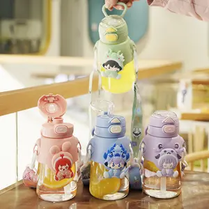 Double boisson gobelet d'eau drôle pour enfants avec paille dessin animé mignon étudiants portable diagonale bouteilles d'eau en plastique