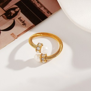 Stainless Steel <b>Ring</b> With Imitation Pearl And Zircon <b>Open</b> Design 18k Gold Plated European Style Women's Fashion Jewelry - Product Image 1