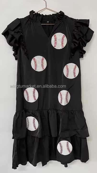 Wholesale Game Day Clothing Tiered Ruffle Sequins Star Gameday Fan Mini  Dress Notched Baseball Sequin Football Women Dresses