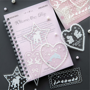 Autocollants transparents en PET à cadre en dentelle ajourée vintage, motifs rétro lignes blanches, bordures cœur et étoile, feuilles décoratives pour scrapbooking Kawaii - Product Image 4