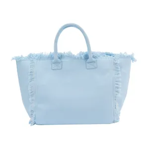 กระเป๋าผ้าใบสีขาวมีหลายสีมีกระเป๋ามีซิปสำหรับผู้หญิงกระเป๋าถือผ้าใบสีขาวมีพู่ห้อยริมชายหาด