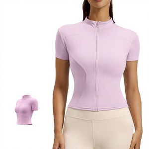 Wholesale Women Full Zip Stand Collar Short Sleeve <b>Yoga</b> Crop <b>Jackets</b> Slim Fit Plus Size Athletic Tops Stretchy Gym Workout Shirt - Product Image 1