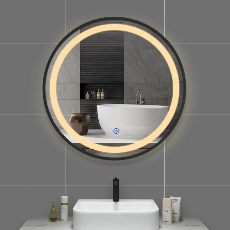 Nouveau miroir intelligent à LED, lumière blanche et chaude, capteur tactile, Anti-buée, bordure ronde, miroir de salle de bain à LED