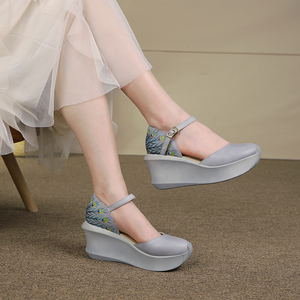 Prezzo di fabbrica 100% scarpe in vera pelle per donna piattaforma alta vintage <span class=keywords><strong>con</strong></span> zeppa dipinta a mano sandali scarpe tacchi all'ingrosso - Product Image 4