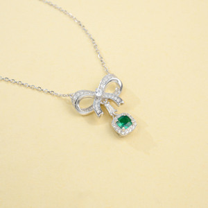 925 Sterling Silver Created <b>Emerald</b> <b>Pendant</b> Necklace, Cushion Cut Halo Lab <b>Emerald</b> Bow Design Fine Jewelry for Women - Product Image 5