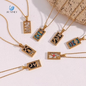 SUMMLY Vintage Quadratische Bunte Emaille Zirkonia Tarotkarten 18K Vergoldete Edelstahl Anhänger Halskette Geschenk Mode Schmuck - Product Image 1