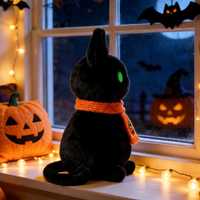 Peluche chat noir avec écharpe orange tricotée, peluche Kawaii assise pour Halloween, cadeau mignon pour décoration de fête