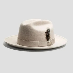 100% Wool Fedora <b>Hat</b> Unisex Short Brim Ribbed Band <b>Feather</b> Accent Casual Business Party Travel <b>Hat</b> - Product Image 1