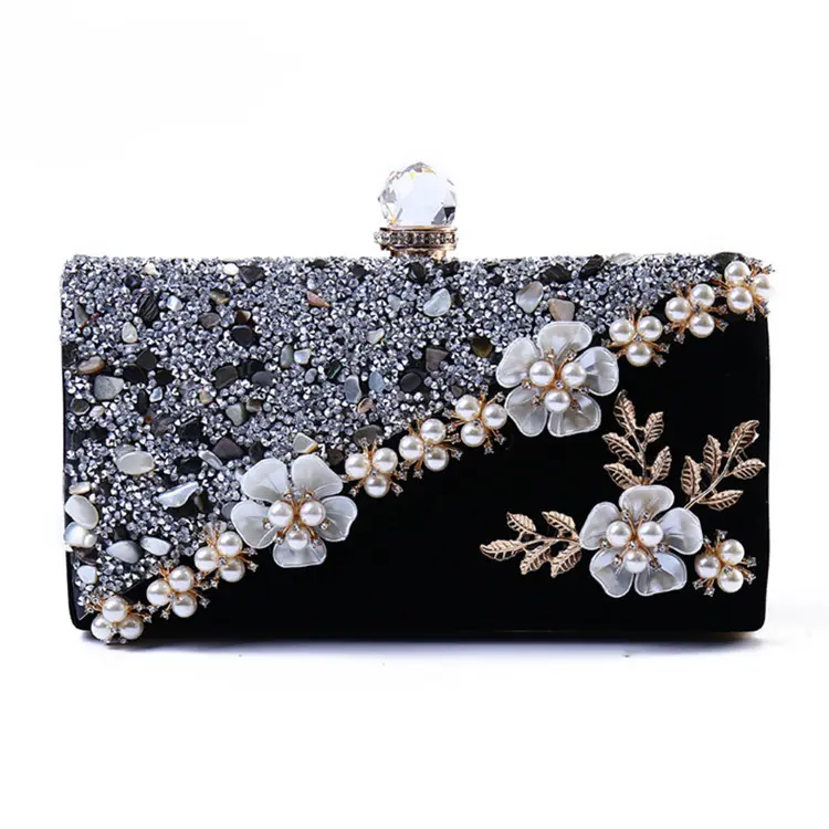 Women's Pearls Flower Diamond Wedding Party Evening Clutch Bag Bridal Purse