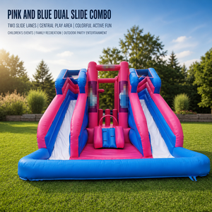 Toboggan <span class=keywords><strong>Gonflable</strong></span> Géant Double Commercial en PVC 0,55 mm à Coutures Renforcées, pour Utilisation Humide et Sèche, avec Souffleur, Capacité 400 kg, Idéal pour Événements - Product Image 1