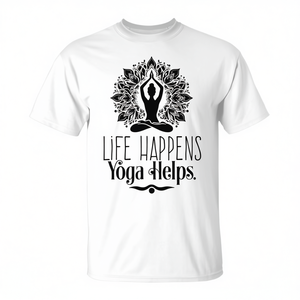 Camiseta de manga corta con cuello redondo unisex para adultos, ropa promocional con la frase Life Happens Yoga Helps - Product Image 3