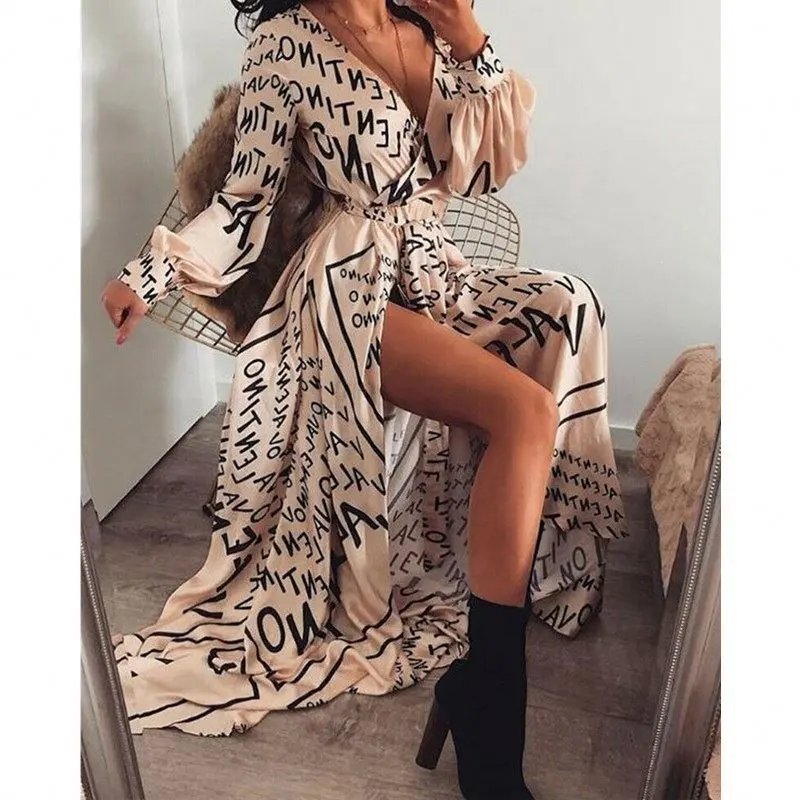 Women Clothes Vendor Spring Summer Autumn Dress 2019 Letter Print Boho V-neck Long Dress Slit Maxi Dress Beach Robe Femme