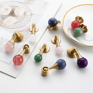 Natural Stone Cabinet Handle Brass Base Round Vintage Style Drawer Wardrobe <b>Knob</b> Traditional Design Durable Furniture Hardware - Product Image 2