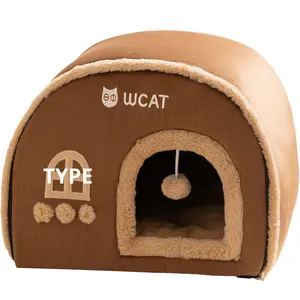 Automne hiver chaud sécurisé adulte chat nid transfrontalier Pet Villa avec niche fermée motif solide chat maison pour chats à dormir - Product Image 1