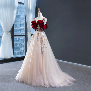 Wedding Dress Women A-Line Empire Waist Sweetheart Neckline Champagne Wine Red Contrast Color 3D Floral Embroidery Princess Gown - Product Image 3