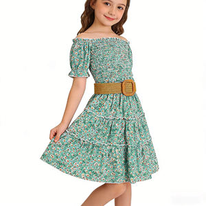 Set gonna per bambina, top corto con volant floreale e spalle scoperte, gonna in denim con fiocco, abiti estivi per bambini, abbigliamento per tutti i giorni - Product Image 2