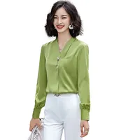 Venta al por mayor, Dropship, camisa de alta calidad con cuello en v para mujer, blusa verde de manga larga, tops holgados formales para oficina