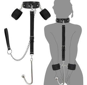 Conjunto de Bondage BDSM de Cuero Alternativo con Collar de Esclavo, Correas, Esposas, Restricción, Gancho Anal de Acero Inoxidable - Product Image 4