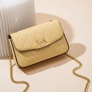 Bolsa de ombro feminina quadrada crossbody pequena com corrente perfumada de couro legítimo com grade de diamantes e moda na moda para mulheres