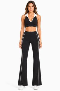 Completo Yoga Due Pezzi: Top Corto Halter e Pantaloni a Vita Alta Svasati con Striscia Laterale, Design Traspirante Senza Cuciture - Product Image 3