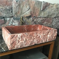 Évier en pierre de marbre turc carré de conceptions antiques modernes de luxe pour le lavage de main simple de salle de bains et de cuisine en rouge et gris