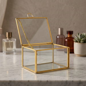 Glass Jewelry Box With Lid Hinged Cube Shape Minimalist Design Gold <b>Frame</b> Storage Container For Accessories - Product Image 3