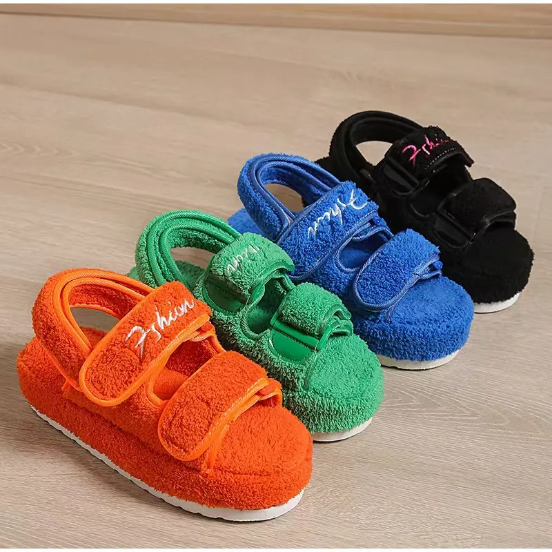 Fashion new arrivals women shoes lady candy color fur embroidery flat Sandals for woman