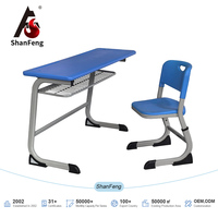 Conjunto de Mesa e Cadeira Escolar Personalizado OEM, Tampo Azul em PE, Mobiliário Ergonômico para Sala de Aula, Mesa de Estudo para Estudantes