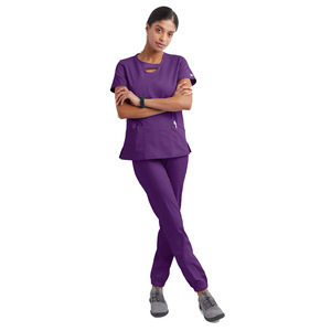 Women <b>Scrub</b> <b>Set</b> Solid Color V Neck Short Sleeve Pocket Stretch Uniform Hospital Workwear Split <b>Set</b> Moisture Wicking - Product Image 3