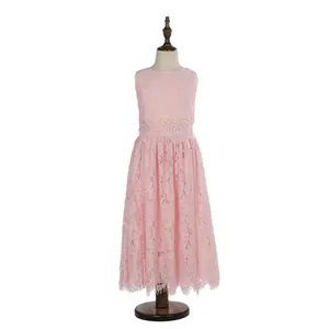 Pink Sleeveless lace crop top and short skirt two-piece rustic Bohemian wedding junior bridesmaid dress Flower girl clothing