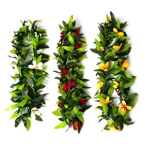 Set Of 3 Luau Artificial Green Necklace Silk Flower Garland Decorative Hawaiian Flowers Leaf For Hula Beach Party Decorations