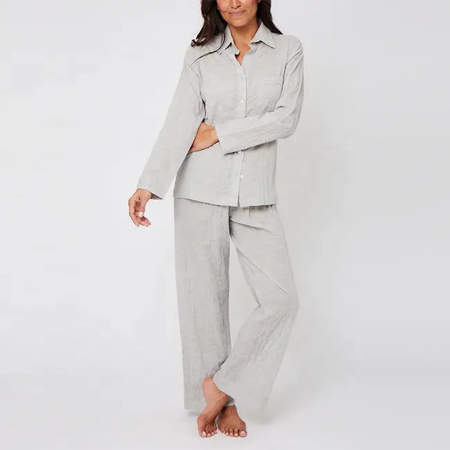 Customized Women's Sleepwear Loungewear Loose Solid 2 Piece Full Length Plus Size 100% Linen Pajama Set Women