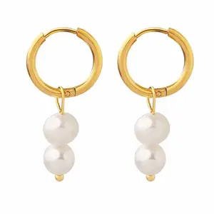 Vintage 18K Gold Plated Stainless Steel Fresh Water Pearl Pendant Dangle Earrings Hoop Women