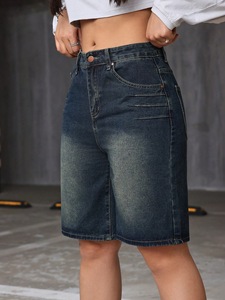Shorts en <span class=keywords><strong>jean</strong></span> délavé décontractés de style rétro américain pour femmes, coupe ajustée, coupe droite, <span class=keywords><strong>mi</strong></span>-longueur, été - Product Image 4