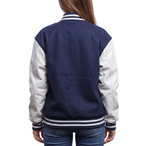 Chaqueta Varsity Azul Marino para Mujer con Mangas en Contraste Blancas, Cuello Alto y Botones, Abrigo de Invierno de Piel Vacuna - Product Image 2
