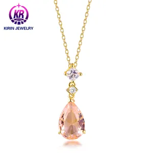 Premium Jewelry 14K Gold Plating Glass&White Cubic Zirconia Pink Crystal Freshwater Pearl Designer Pendant Necklace