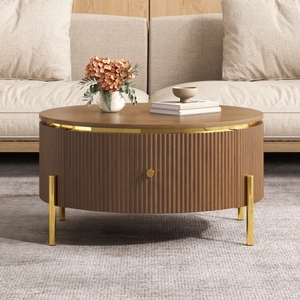 Modern <b>Round</b> Coffee <b>Table</b> with 2 Large Drawers Storage Eco-Friendly Durable Brown 31.5" Living Room Furniture - Product Image 1