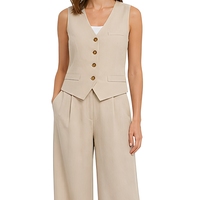 Ensemble tailleur femme en lin beige, gilet col en V et pantalon large, style Old Money, deux pièces